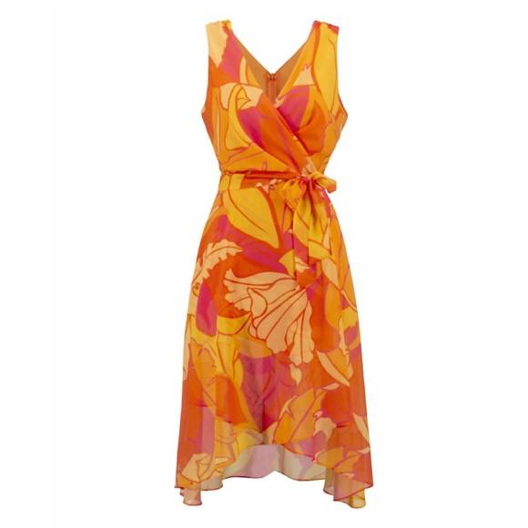 NEW JOSEPH RIBKOFF chiffon tropical print dress in orange - Picture 3 of 4